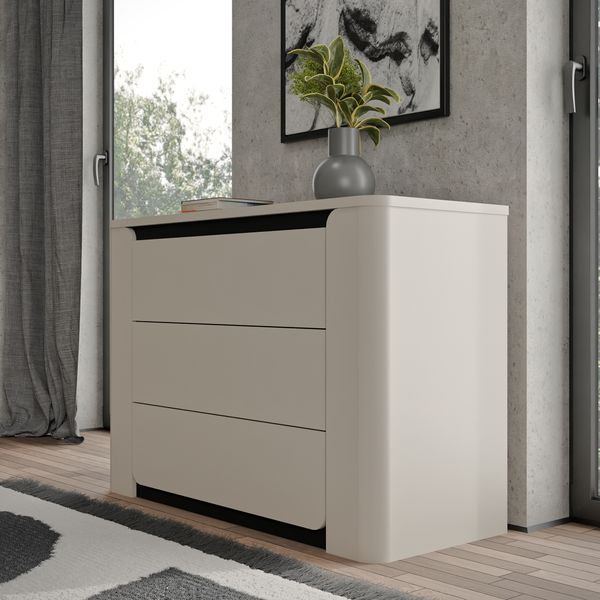 Forte VODOL Kommode 110, moderne Kommode 3 Schubladen und abgerundetem Eckendesign, Holzwerkstoff, Kaschmir|Beige , 110,6 cm breit x 77,9 cm hoch x 44,8 cm tief