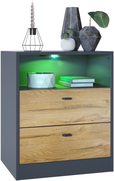 Vladon Kommode Pino V1, Nachttisch mit 2 Schubladen & 1 offenem Fach, Anthrazit matt/Eiche Natur mit LED RGB (56 x 67,5 x 36 cm)