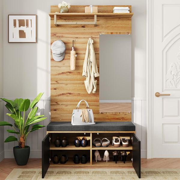 Kompaktgarderobe mit Spiegel, Sitzkissen & Schuhschrank, 110 x 38 x 190 cm, Schwarz/Holzoptik