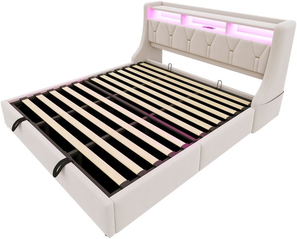 Merax Polsterbett 180 x 200 cm, Doppelbett, Hydraulisches Stauraumbett, umklappbares Polsterkopfteil mit Stauraum, Steckdose und Ablagefach, LED-Beleuchtung, Samtstoff, Beige Bild 9