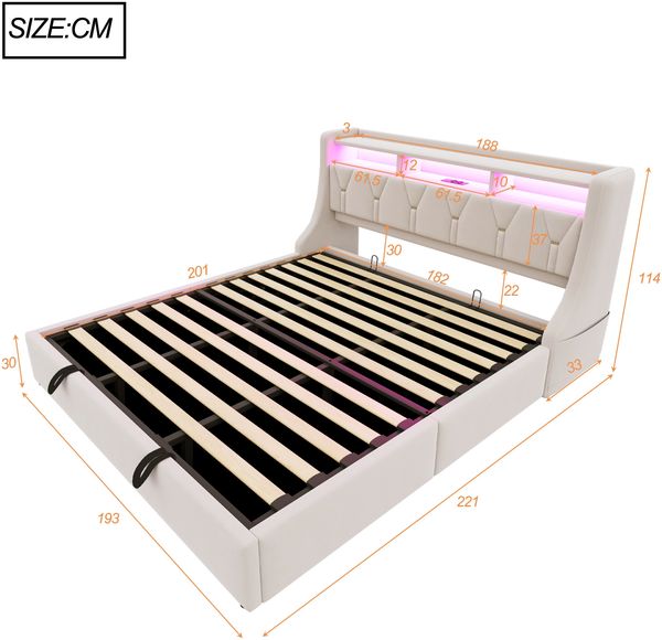 Merax Polsterbett 180 x 200 cm, Doppelbett, Hydraulisches Stauraumbett, umklappbares Polsterkopfteil mit Stauraum, Steckdose und Ablagefach, LED-Beleuchtung, Samtstoff, Beige Bild 4