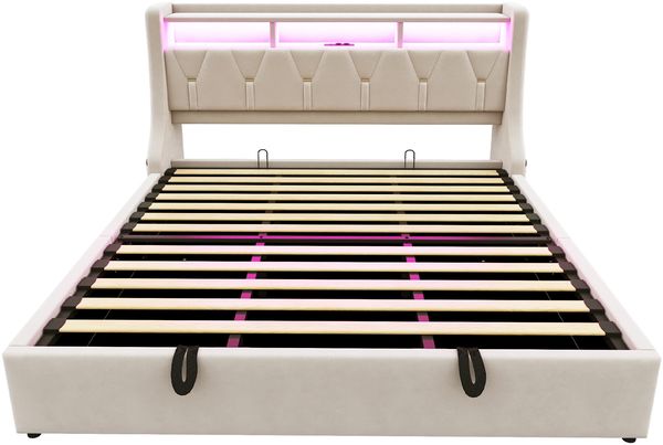 Merax Polsterbett 180 x 200 cm, Doppelbett, Hydraulisches Stauraumbett, umklappbares Polsterkopfteil mit Stauraum, Steckdose und Ablagefach, LED-Beleuchtung, Samtstoff, Beige Bild 8