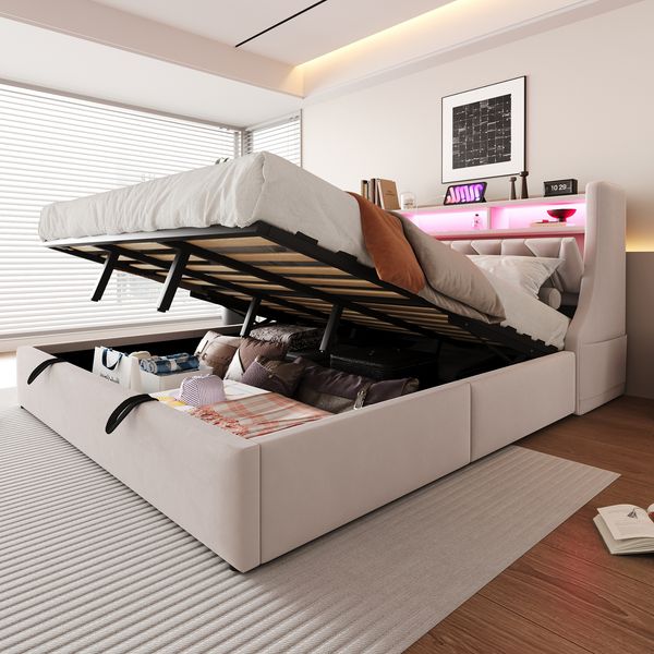 Merax Polsterbett 180 x 200 cm, Doppelbett, Hydraulisches Stauraumbett, umklappbares Polsterkopfteil mit Stauraum, Steckdose und Ablagefach, LED-Beleuchtung, Samtstoff, Beige