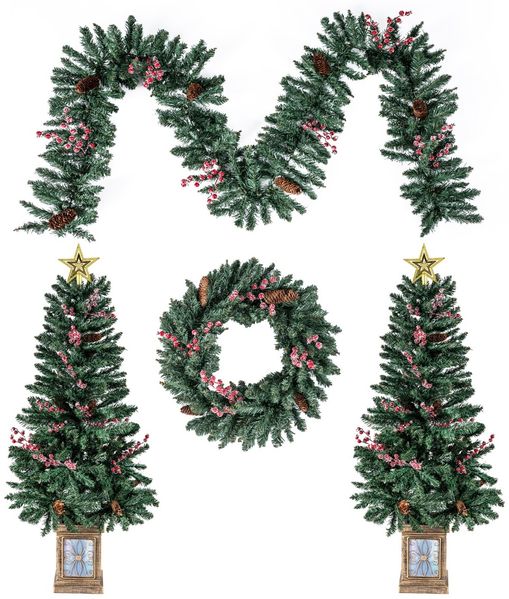 2er Set 120 cm Mini Künstlicher Weihnachtsbaum im Topf mit Weihnachtsgirlande & -kranz