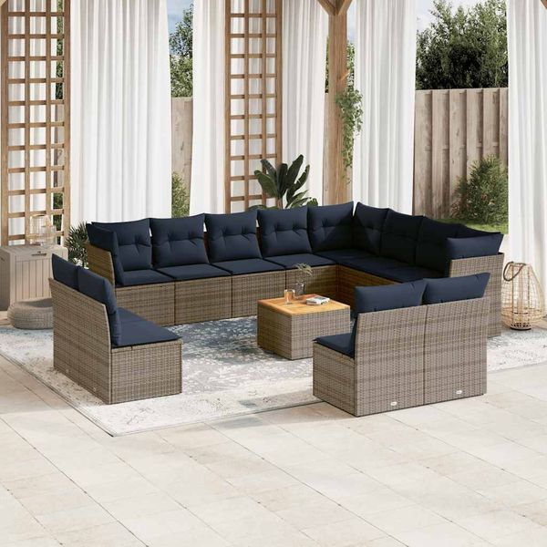 vidaXL 13-tlg. Garten-Sofagarnitur mit Kissen Grau Poly Rattan 3256264