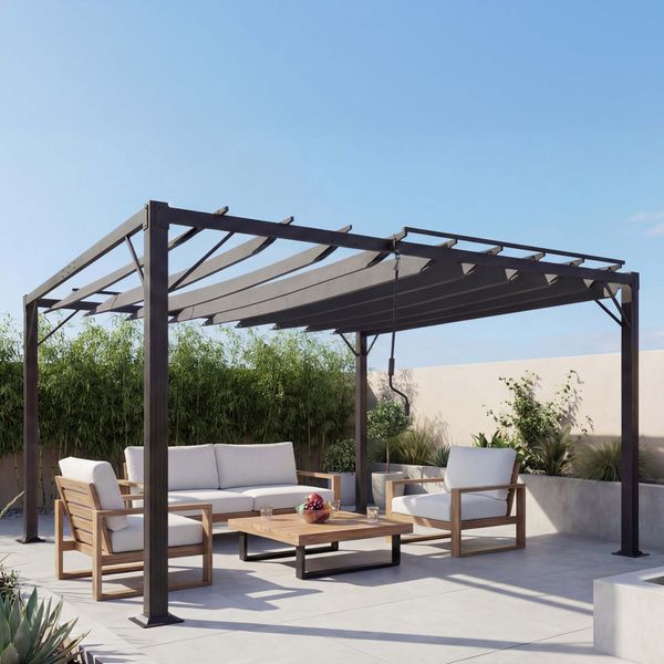 Pergola HWC-L40, Garten Lamellen-Pavillon Terrassenüberdachung, 8cm-Alu-Gestell Stoff/Textil, 3x3m anthrazit