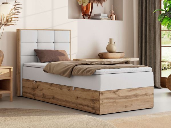 Boxspringbett ALBERO 1 90x200 mit Stauraum, 7-Zonen Multipocket Matratze H4, Bettkasten mit Federautomat, Öffnungsseite wählbar, Hotelbett - Weiß Kunstleder - Topper T25 - Links