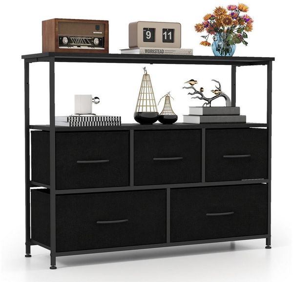 COSTWAY Sideboard, mit 5 Stoff Schubladen & Regalen Schubladenschrank