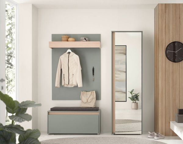 Home affaire Garderoben-Set GIRON/CiTY, moderne Garderobe, Komplettset mit viel Stauraum, (Komplett-Set, 3-St), enthält Garderobenschrank, Paneel, Schuhbank inkl. Sitzkissen