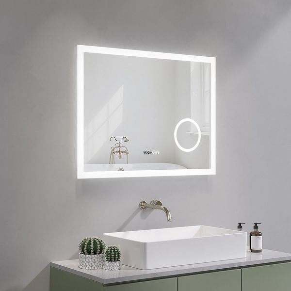 AQUABATOS LED-Lichtspiegel Led Spiegel mit Beleuchtung Badspiegel Badzimmerspiegel Wandspiegel, Digital Uhr Kosmetikspiegel Beschlagfrei Kaltweiß Rechteckige Ecken Bild 2
