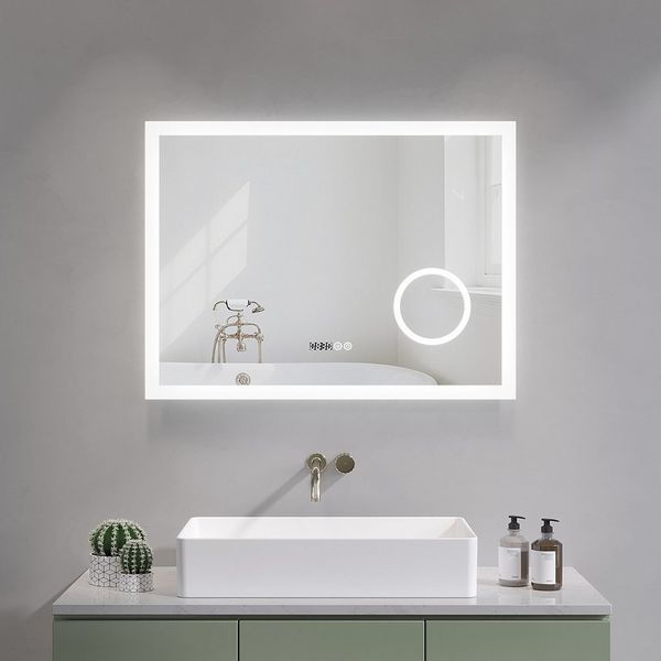AQUABATOS LED-Lichtspiegel Led Spiegel mit Beleuchtung Badspiegel Badzimmerspiegel Wandspiegel, Digital Uhr Kosmetikspiegel Beschlagfrei Kaltweiß Rechteckige Ecken