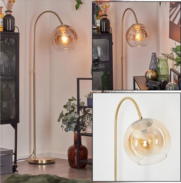 hofstein Bogenlampe Stehlampe aus Metall/Glas in Messing/Bernstein/Klar, ohne Leuchtmittel, Glasschirm (25 cm) u. Fußschalter, 1x E27, ohne Leuchtmittel