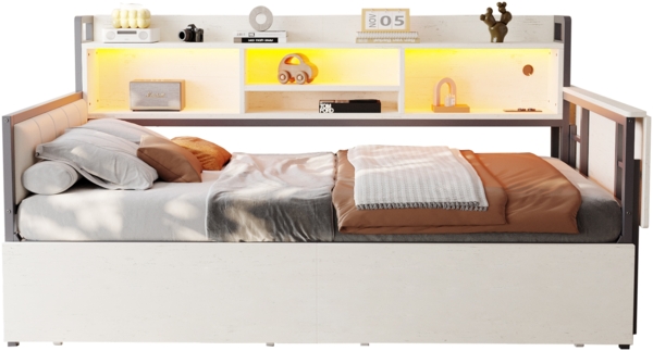 Multifunktionsbett mit LED & Schreibtisch – Schlafsofa 90x200 cm mit Schubladen, Steckdose & Stauraum,Weiß Bild 9