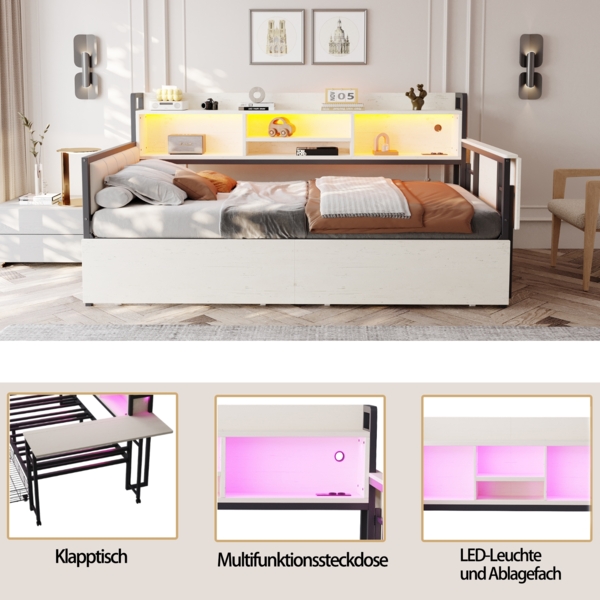 Multifunktionsbett mit LED & Schreibtisch – Schlafsofa 90x200 cm mit Schubladen, Steckdose & Stauraum,Weiß Bild 6