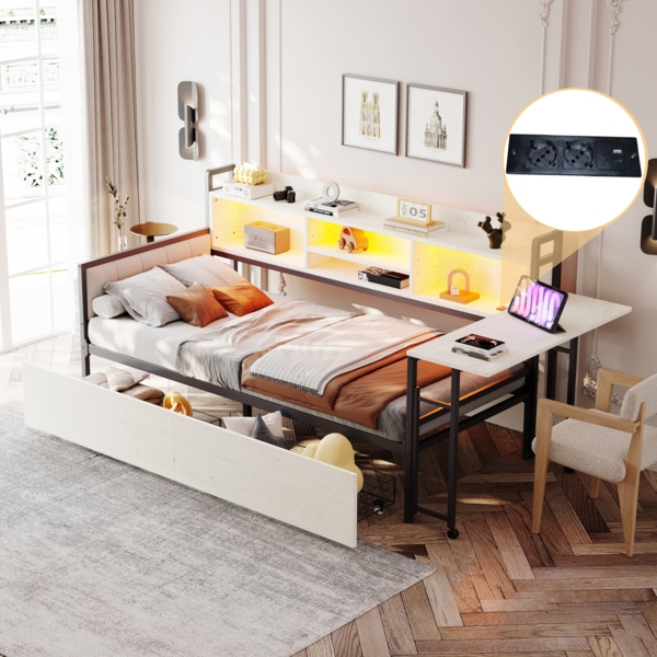 Multifunktionsbett mit LED & Schreibtisch – Schlafsofa 90x200 cm mit Schubladen, Steckdose & Stauraum,Weiß Bild 1