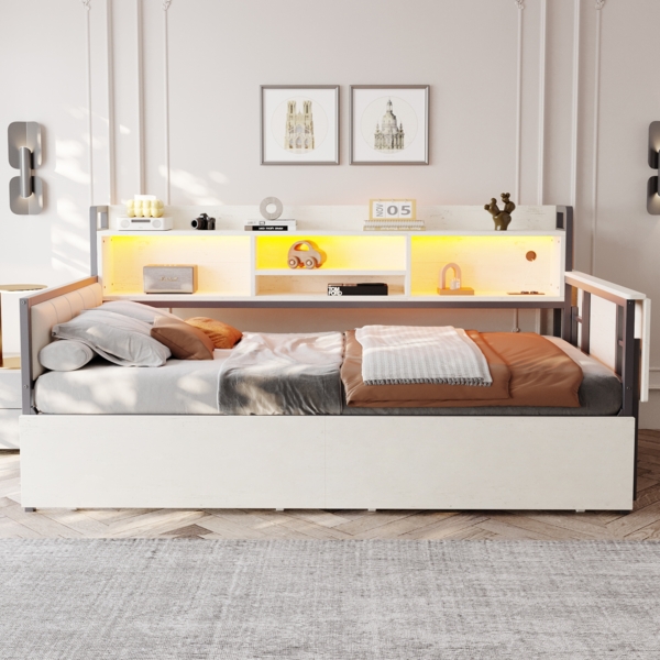 Multifunktionsbett mit LED & Schreibtisch – Schlafsofa 90x200 cm mit Schubladen, Steckdose & Stauraum,Weiß Bild 3