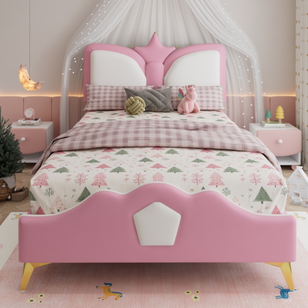 Polsterbett Einzelbett Kinderbett, Kopfteil in Kronenform weiche Antikollisions-Schwammkante verspieltes Design, PU Eisen Schwamm, Rosa Weiß, 90 x 200 cm
