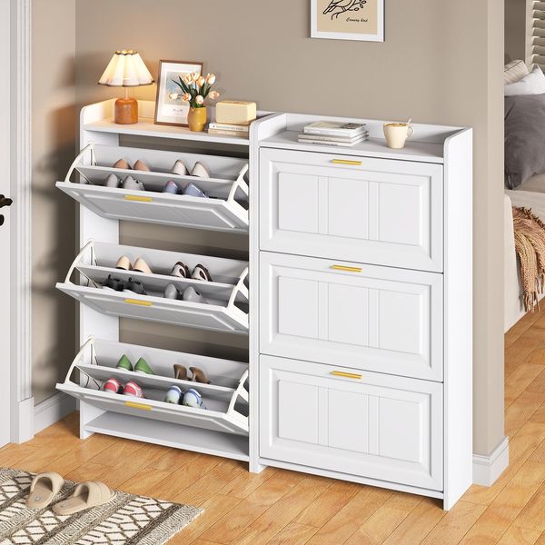 Ball & Cast 2er-Set 3-Klappen-Schuhkipper mit 6 verstellbaren Fächern - Schuhschrank für Eingänge & Flur, 70×24×120 cm, Weiß