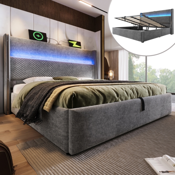 Hydraulisches Bett 160x200 cm mit hohem Kopfteil und LED-Beleuchtung – modernes Doppelbett in Grau
