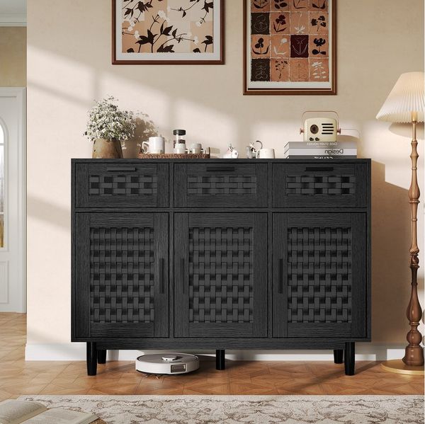 FUROKOY Sideboard Rattan Küchenschrank us Holz (Buffetschrank Highboard mit 3 Schubladen und 3 Türen), für Schlafzimmer, Wohnzimmer, Flur, 108 x 40 x 80 cm, Schwarz