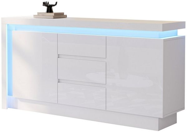 autolock Sideboard Kommode Beistellschrank Hochglanz mit LED, verstellbaren Einlegeböden (140*35*72 cm), Beistelltisch für Schlafzimmer, Wohnzimmer, Weiß