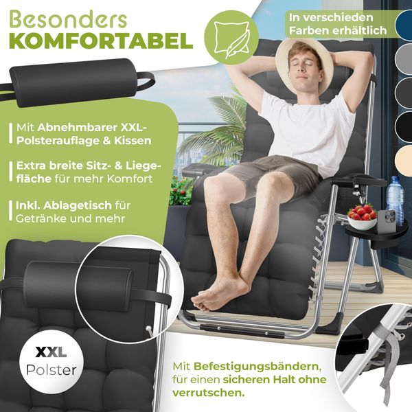 KESSER® Sonnenliege, klappbar, mit Getränkehalter, mit Auflage Polster & Kissen, verstellbare Rückenlehne, Schwarz, 77cm x 72cm x 180cm Bild 2