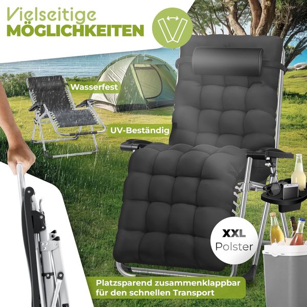 KESSER® Sonnenliege, klappbar, mit Getränkehalter, mit Auflage Polster & Kissen, verstellbare Rückenlehne, Schwarz, 77cm x 72cm x 180cm Bild 6