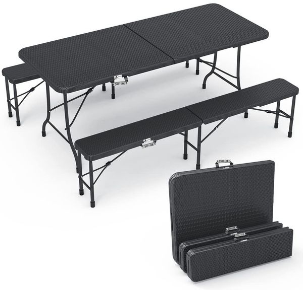 VOUNOT Bierzeltgarnitur Klappbar 3-teilig Set, 1 Biertisch & 2 Bierbänke, Festzeltgarnitur 180 x 75 x 72 cm Rattan-Optik Gartengarnitur Campingset Klapptisch, Schwarz, 180 * 75 * 75cm