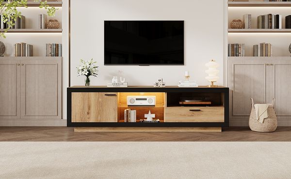 TV-Schrank 160x40x50 cm, LED-RGB mit App/Bluetooth, 1 Schublade & Glasböden, Schwarz/Eiche