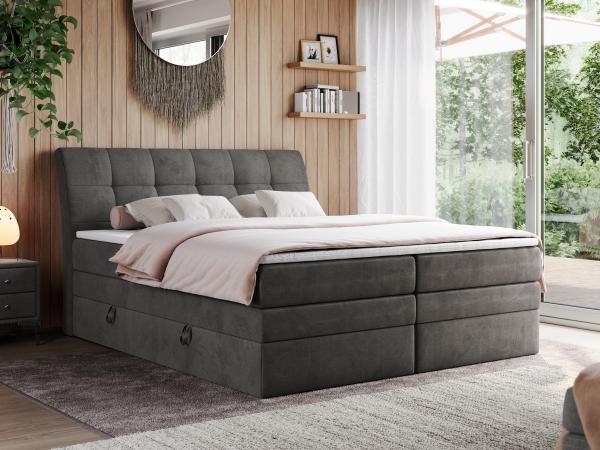 Boxspringbett, Stauraumbett, Bett mit Multipocket-Matratze und Topper - GOLD-10-KING - 200x200cm - Dunkelgrau Velours - H3