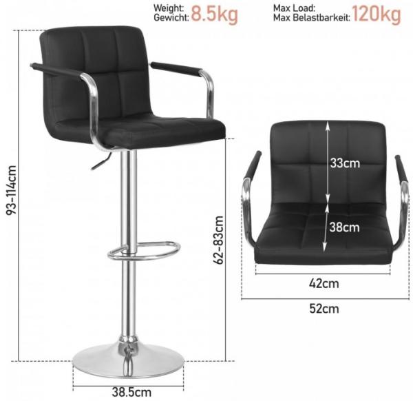 MIADOMODO® Barhocker - 2er Set, Höhenverstellbar, mit Rückenlehne, Armlehne, Fußstütze, Drehbar, 360 Grad, Stahl, Kunstleder, Gepolstert, Schwarz - Barstuhl, Tresenhocker, Küchenstühle, Küchenhocker