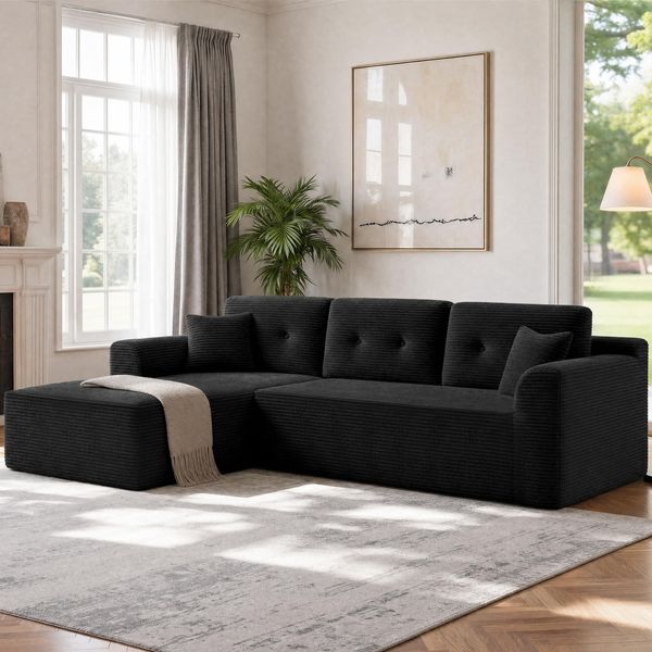 VASAGLE Ecksofa, modulares Sofa 242 cm breit, vakuumverpackt, Schlafsofa, Keine Montage erforderlich, mit großer Chaiselongue rechts, für Wohnzimmer, Gästezimmer, rauchschwarz LCS183B101