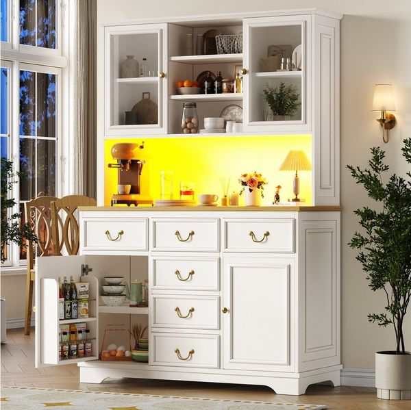 Odikalo Küchenbuffet Küchenschrank Buffetschrank mit LED & USB (mit USB-Anschlüssen und Steckdosen,Sideboard mit LED-Lichtleiste, Aufbewahrungsschrank mit Snackregaltüren, Mülleimer können installiert werden)