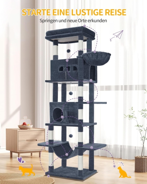 Kratzbaum groß, 210 cm hoch, Katzenbaum, mit 8 Kratzbäume, 2 Höhlen, groß Plattformen, Waschbare Matte, Hängematte, Plüschbälle, mehrstöckiger katzenkratzbaum, Dunkelgrau
