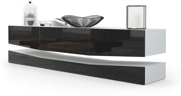 Vladon Lowboard City, TV-Kommode mit Sockelelement, 1 offenem Fach und 3 Schubkästen, Weiß matt/Schwarz Hochglanz (178 x variabel x 39 cm)