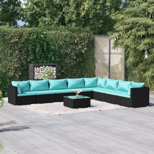 vidaXL 9-tlg. Garten-Lounge-Set mit Kissen Poly Rattan Schwarz 3101777
