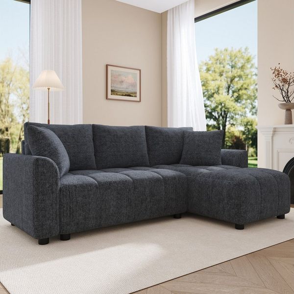 Merax 3-Sitzer Sofa, wandelbares L-förmiges Ecksofa, Chenille Stoff, 1 Teile, Sofa mit 2 Zierkissen, für Wohnzimmer und Wohnung, Beige/Grau