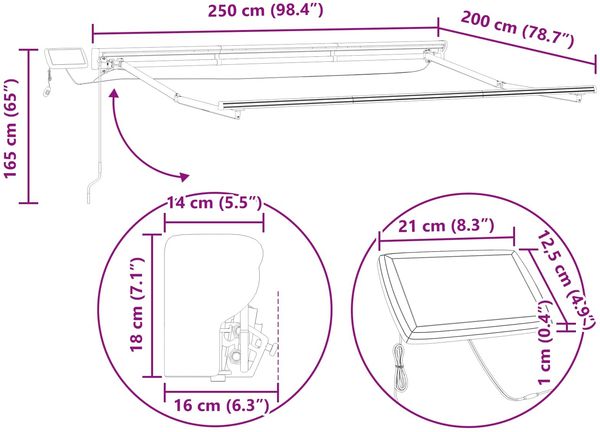 vidaXL Manueller Markisenrahmen mit LEDs Rot und Weiß 2,5x2 m 3420505 Bild 11