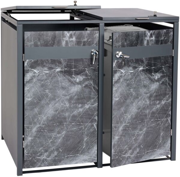 2er Mülltonnenverkleidung HWC-J82, Mülltonnenbox, erweiterbar, Metall 50kg, anthrazit ~ Marmor-Optik dunkel