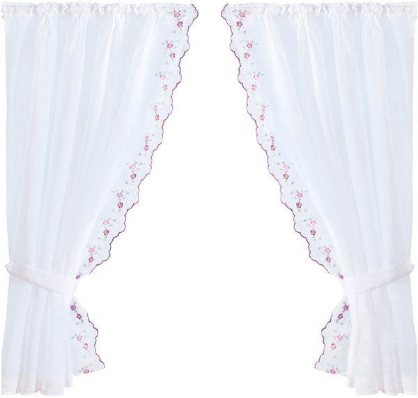 Gardinenset mit Stangendurchzug, Serie: Satin ca. 140x120 cm Auswahl: weinrot - Blumen bestickt