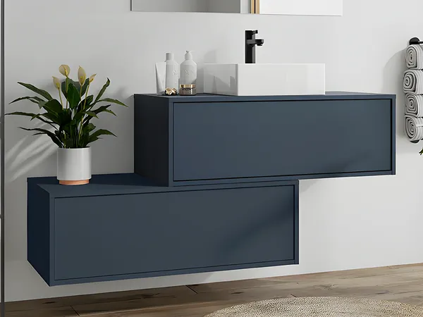 Vente-unique - TEANA Waschbeckenmöbel Holz, PlatteKeramik Blau - B 47 cm x H 32 cm x L 94 cm