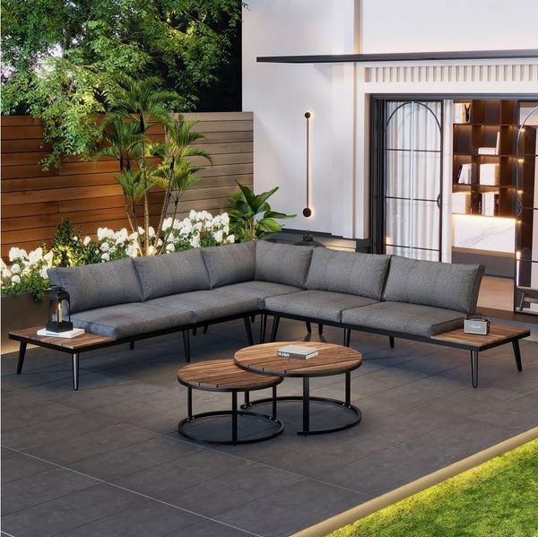 Merax Gartenlounge-Set aus Akazienholz für 6 Personen, Gartenmöbel set mit Stahlrahmen, (6-tlg), Balkonmöbel Set, Sitzgruppe, Garten-Garnitur mit Kissen, Lounge-Set