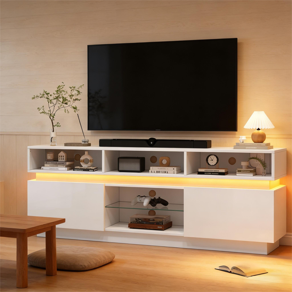 Merax 160*35*60 cm TV-Ständer für das Wohnzimmer, flache TV-Halterung mit Ablage aus gehärtetem Glas. lowboards mit Hochglanz, LED-Wohnzimmerschrank, MDF, geeignet für 60-Zoll-Fernseher, Weiß