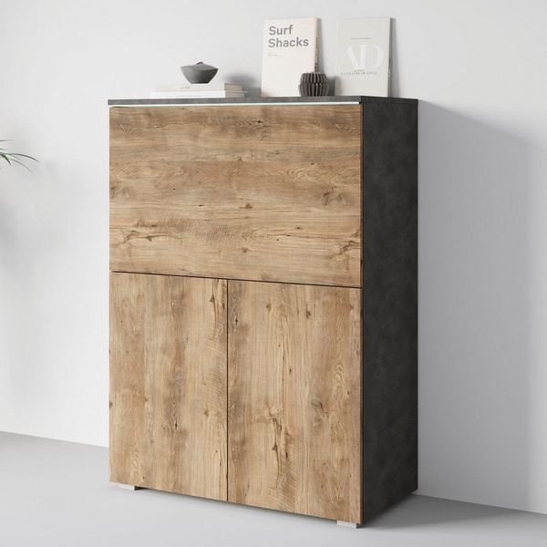 Home affaire PC-Schrank Vera, Sekretär, Home-Office-Schreibtisch mit LED-Beleuchtung (1 St), Multifunktional mit Stauraum, klappbare Tischfläche, LED, B 90 cm