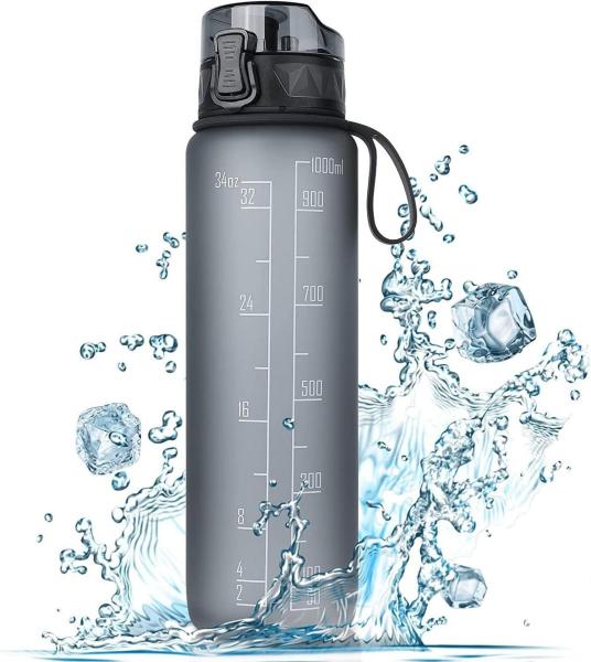 FULDENT Trinkflasche 1L Sport Wasserflasche BPA Frei rutschfest Gummi Grip Grau