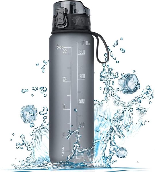 FULDENT Trinkflasche 1L Sport Wasserflasche BPA Frei rutschfest Gummi Grip Grau