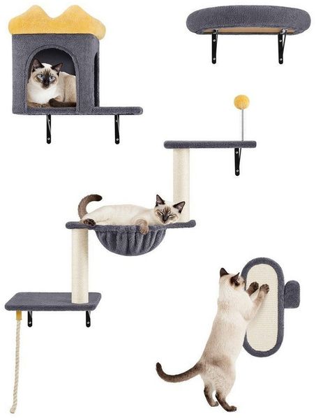Yaheetech Katzen-Kletterwand Katzenmöbel-Set 4 teilig, mit Katzenhöhle & Katzenliege & Plattformen & Katzenkorb