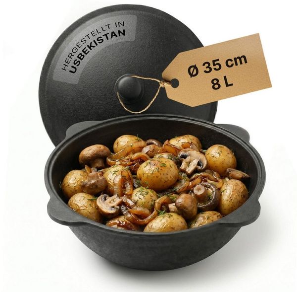 BIG-PAN Wok Gusseisen Kazan 8L mit Deckel Feuertopf für Camping Grill Dutch Oven, (Feuertopf Schwenktopf Dutch Oven, Uzbekischer Kessel Namangan), asiatischer Topf für Plov Wok Eintöpfe