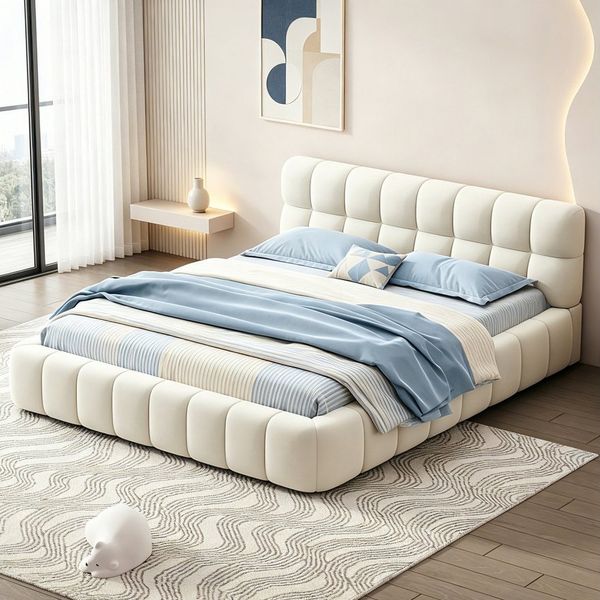 Simurq Polsterbett Bett 140x200 cm Doppelbett Modernes Futonbett, Leinen Stoff (ohne Matratze), Bubble Bett Mit Lattenrost