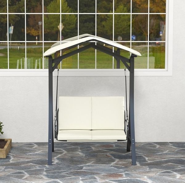 Hollywoodschaukel 150 x 120 x 182 cm mit verstellbarem Sonnendach – 2-Sitzer in Cremeweiß